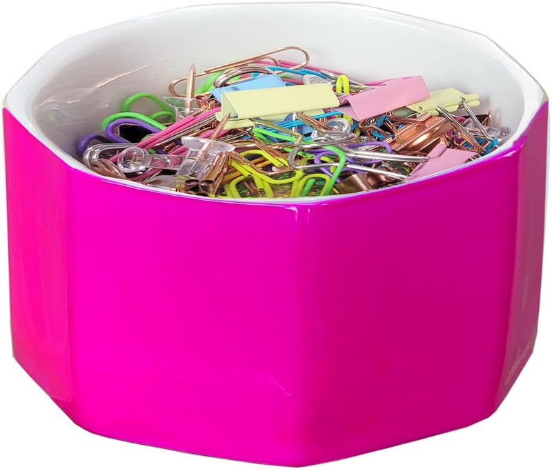 LEAZUL Ceramic Paper Clip Holder Gold Line Paper Clip Dispenser Organizer for Desk Cute Floral Pattern Office Binder Clip Holder Bobby Pin and Hair Clip Holder Gift for Office (Hot Pink) - Image 1